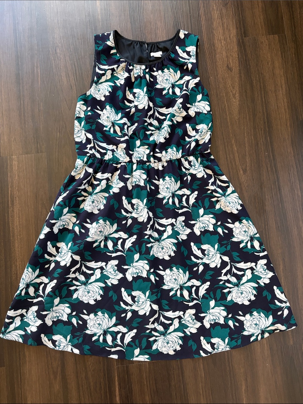 J. Crew Navy Floral Sleeveless Fit & Flare Dress with Green and Cream Accents